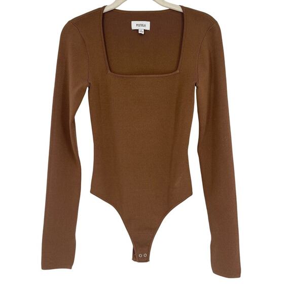 Pistola Jenny Thong Bodysuit Brown Split Cuff Square Neckline Size Small - Picture 3 of 10